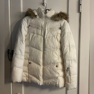 Nautica Women’s S white down alternative ski jacket coat removable faux fur hood